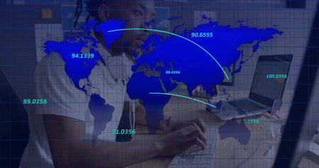 Network engineer analyzing world map overlay in tech workspace, with laptop and headphones....
