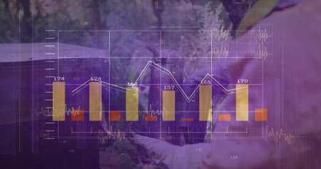 Beekeeper in protective suit lifting frame with bees from hive box in apiary, with chart overlay. Apiary, sustainability, data visualization, craftsmanship, agriculture, outdoor, innovationの写真素材