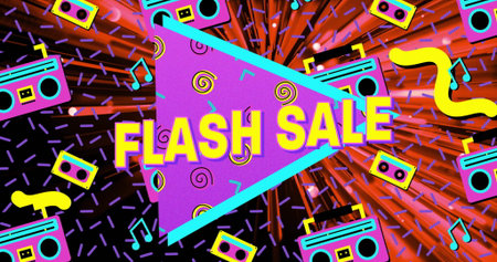 Displaying purple FLASH SALE banner dominating 80s graphic, with neon cassette and boombox icons....