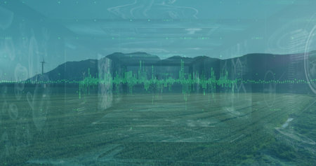 Landscape displaying overlay over valley farm, with wind turbine green waveform numeric overlays....