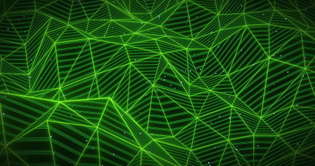 Forming abstract green wireframe mesh nodes in virtual network space, with luminous lines and dots....
