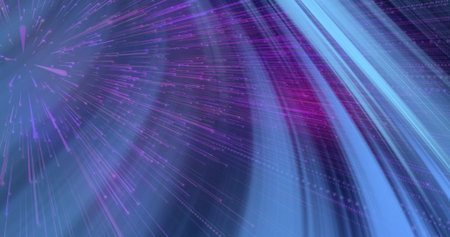 Bursting neon purple particles radiating in virtual digital space, with sweeping blue light ribbons....