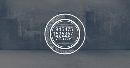 Showing HUD overlaying urban ground and skyline, with progress rings, crosshair, numeric readouts. Futuristic, technology, interface, cyberpunk, data visualization, abstract, urbanの写真素材