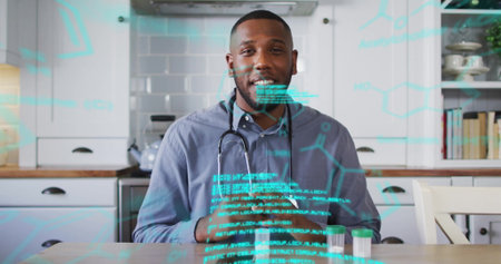 Analyzing doctor wearing stethoscope examining specimen vials in kitchen, with data graphics....