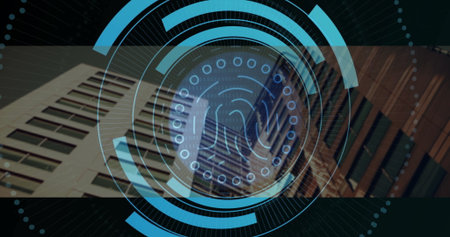 Projecting fingerprint interface displaying concentric rings and binary code amid highrise facades....