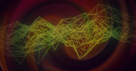 Floating 3D triangular wireframe mesh drifting in abstract environment, with neon gradient lines....