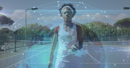 Standing female tennis player in white attire holding ball at park court, with data network overlay....