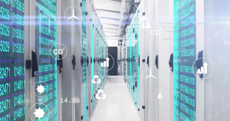 Displaying central aisle in data center with server racks and cable trays, showing overlay icons....