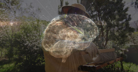 Scrubbing railing, elderly man wearing straw hat in backyard garden, wide brush and brain overlay....