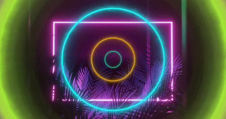 Illuminating studio neon pink square frame, cyan yellow rings, palm silhouettes, neon gradient halo....