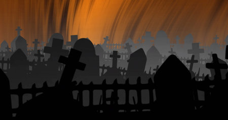 Image of cemetery over orange shapes on black background. Halloween, celebration and digital interface concept digitally generated image.の写真素材