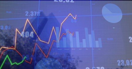 Showing analytics on boardroom glass, with line graphs, blue bar chart, pie chart, numeric overlays....
