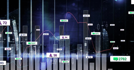 Displaying dashboard overlaying night skyline with candlestick charts and floating data icons....