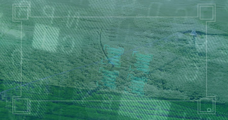 Displaying dense forest canopy over hills through HUD grid frame with blue contours, node markers....