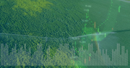 Showing dense forest canopy intersecting utility line from above with digital financial overlays....