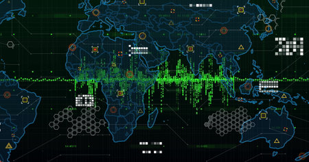 Displaying global data map showing green waveform on analytics screen, with hexagonal clusters....
