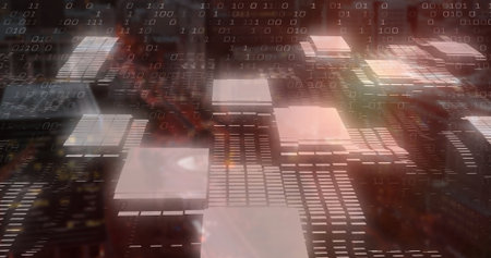Floating square platforms forming staggered rows on digital circuit board, with binary code streams....