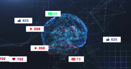 Floating 3D brain model pulsating neon-blue filaments in data space, with notification badges....