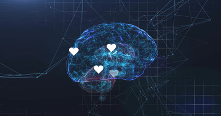 3D brain floating in interface space with glowing neural paths, white heart icons, grid overlay....
