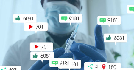 Doctor wearing mask and gloves holding syringe in bright clinic, showing floating social icons....