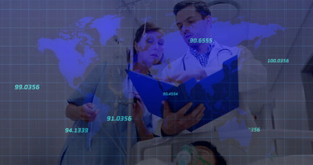Asian doctor wearing lab coat and stethoscope reviewing blue folder in ward, with data overlay....