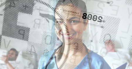 Monitoring nurse in scrubs and stethoscope observing patients in hospital ward, AR overlay. Healthcare, innovation, medical, digital, technology, patient care, professionalismの写真素材