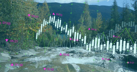 Flowing mountain stream rushing over rocky creek through forested hills, with market data overlays....