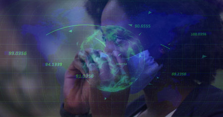 Reaching for holographic globe, analyst wearing white blouse blazer in lab, showing data flow....