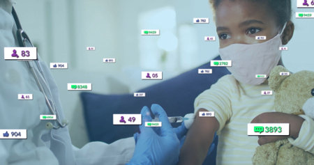 Vaccinating nurse injecting child at clinic, with syringe, teddy bear and media icons, copy space....