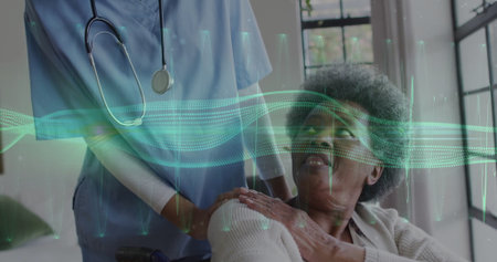Ward nurse monitoring patient in wheelchair with stethoscope and digital data in clinic, copy space....