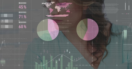 Analyst in teal blouse analyzing financial data in office, with world map and charts, copy space....