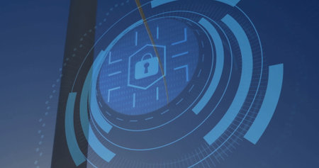 Displaying padlock in hex border on blue interface with HUD rings, binary streams, angular segments....