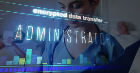 Examining nurse in scrubs stethoscope holding clipboard in hospital room, with encrypted overlay....