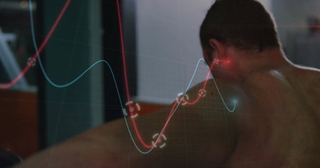 Showing shirtless male athlete leaning forward during gym with digital graph overlay, copy space....
