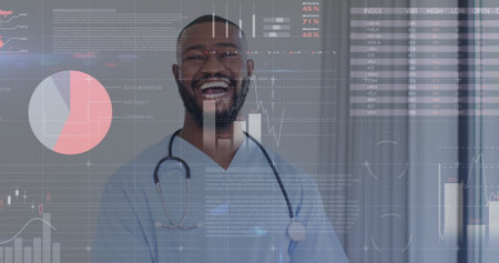 Smiling doctor wearing light blue scrubs, stethoscope in clinical corridor, with data overlays....