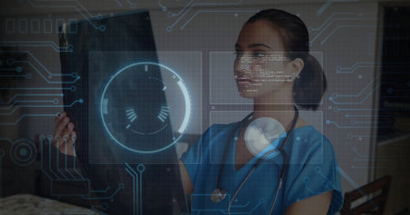Indian doctor with stethoscope holding X-ray film and examining holographic interface in clinic....