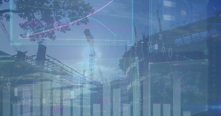 Displaying tower crane rising above scaffolding at construction site with financial chart overlays....