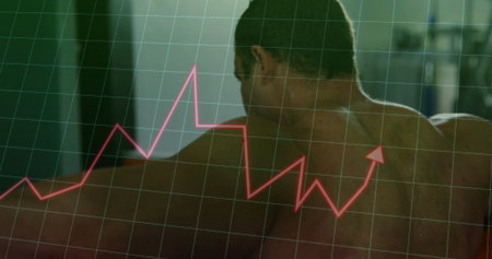 Shirtless man lifting barbell with weight plates in gym, with grid and red chart overlay. Fitness,...