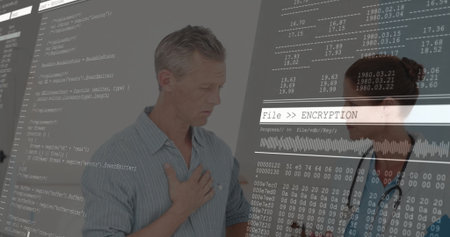 Patient clutching chest and provider observing in clinic, with stethoscope code and encryption bar....