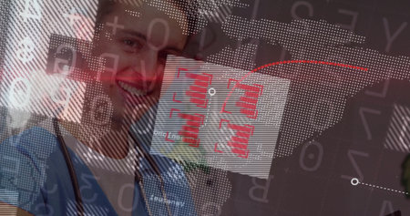 Smiling doctor showcasing digital interface with stethoscope, red charts, world map, copy space....