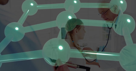 Doctor in white coat placing stethoscope on patient chest in exam room, with 3D lattice overlay....
