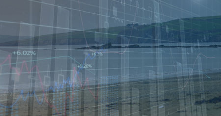Financial chart overlay displaying bar, candlestick and line graphs on beach, with grid, % labels....