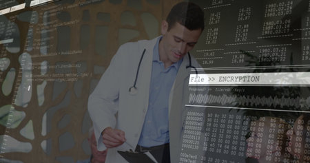 Holding clipboard and pen doctor reviewing encryption code at reception desk, wearing lab coat....