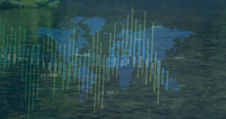 Displaying blue world map overlaying rippling lake water, with green yellow bars and numeric labels....