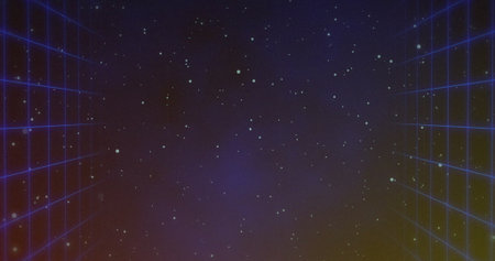 Glowing star-like points drifting across gradient backdrop, with neon-blue grid lines receding....