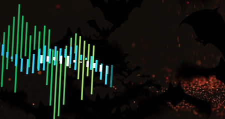 Displaying green blue white audio waveform bars in spooky design, with flying bats and embers....
