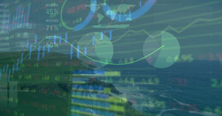 Displaying financial overlay on coastline and ocean, with line charts, percentages and world map....