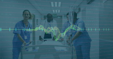 Moving medical team carrying patient stretcher down hospital corridor, with ECG overlay. Medical,...
