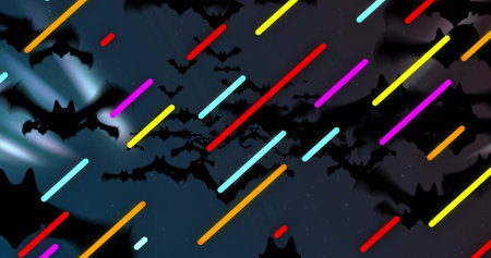 Flying bat silhouettes streaming across graphic night sky motif, with neon-colored diagonal streaks....