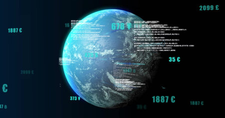 Displaying digital Earth globe rotating in 3D panel, with code and temperature currency overlays....